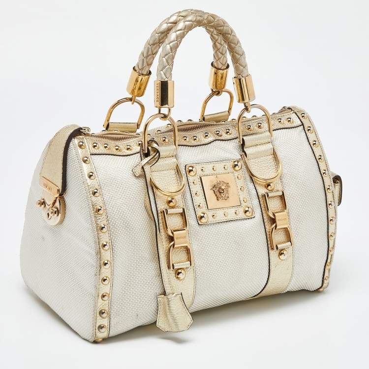 Pre Owned Versace Beige/Gold Nylon and Leather Studded Madonna Satchel