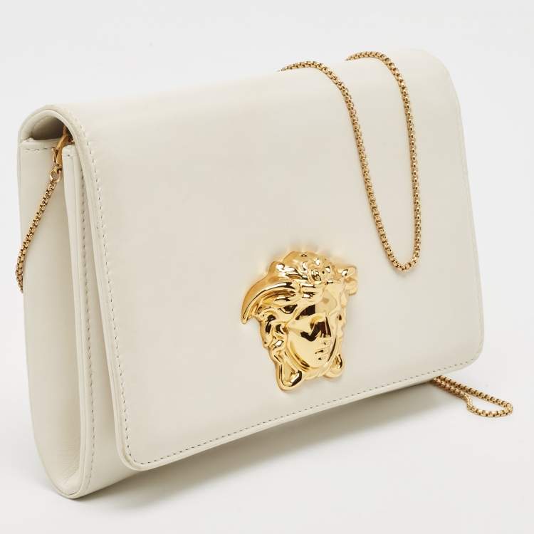 Pre Owned Versace Off White Leather Medusa Chain Clutch