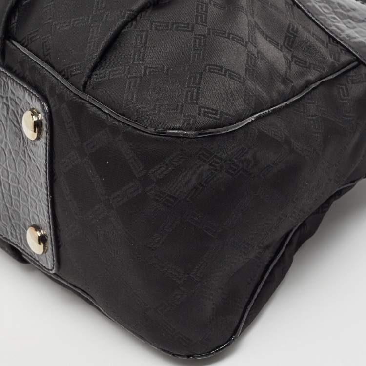 Pre Owned Versace Black Quilted Nylon and Croc Embossed Patent Leather Logo Hobo