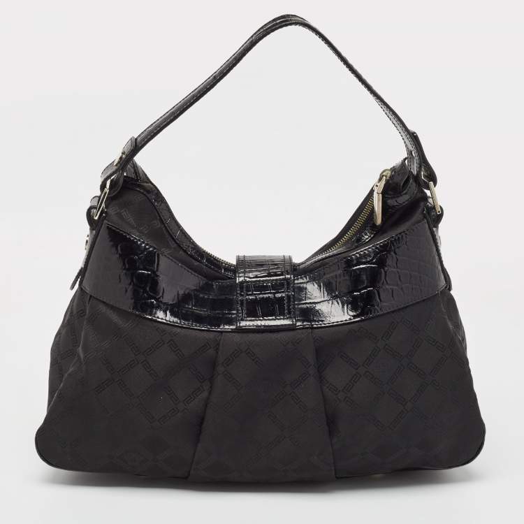 Pre Owned Versace Black Quilted Nylon and Croc Embossed Patent Leather Logo Hobo