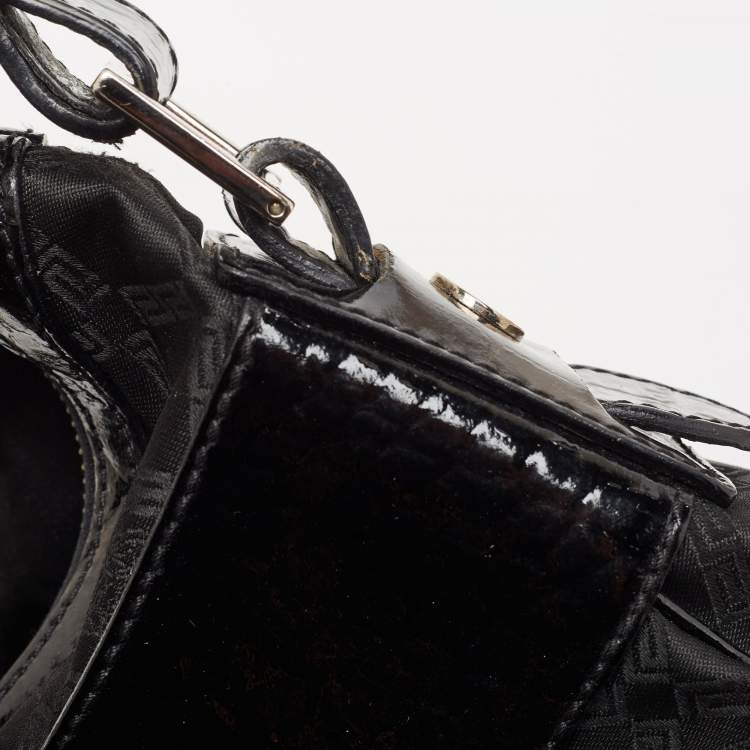 Pre Owned Versace Black Quilted Nylon and Croc Embossed Patent Leather Logo Hobo