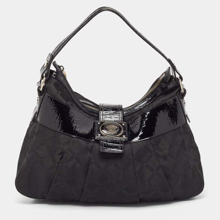 Pre Owned Versace Black Quilted Nylon and Croc Embossed Patent Leather Logo Hobo