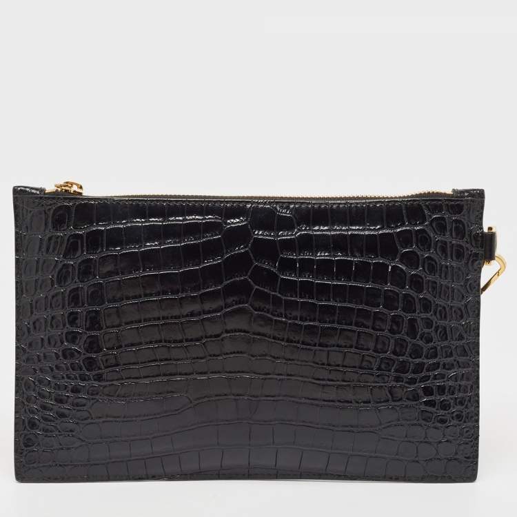Pre Owned Versace Black Croc Embossed Leather La Medusa Wristlet Pouch