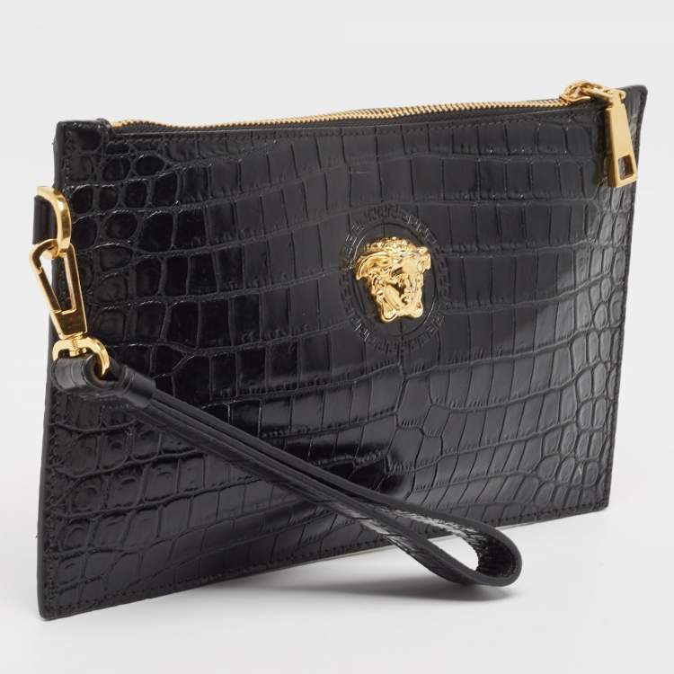 Pre Owned Versace Black Croc Embossed Leather La Medusa Wristlet Pouch