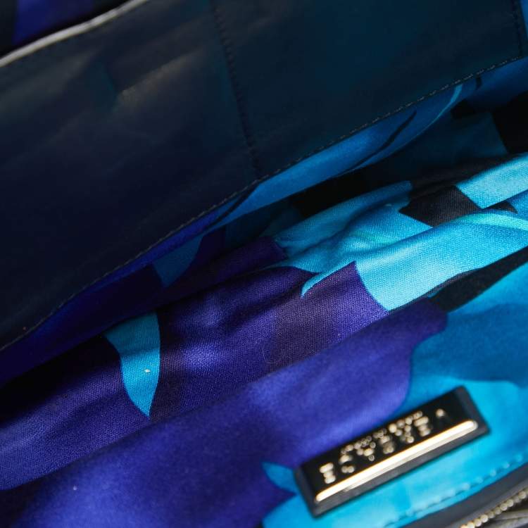 Pre Owned Versace Black/Navy Blue Croc Embossed Leather and Glossy Leather Kiss Lock Satchel