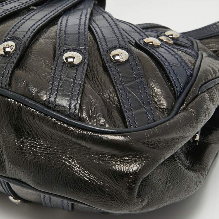 Pre Owned Versace Black/Navy Blue Croc Embossed Leather and Glossy Leather Kiss Lock Satchel