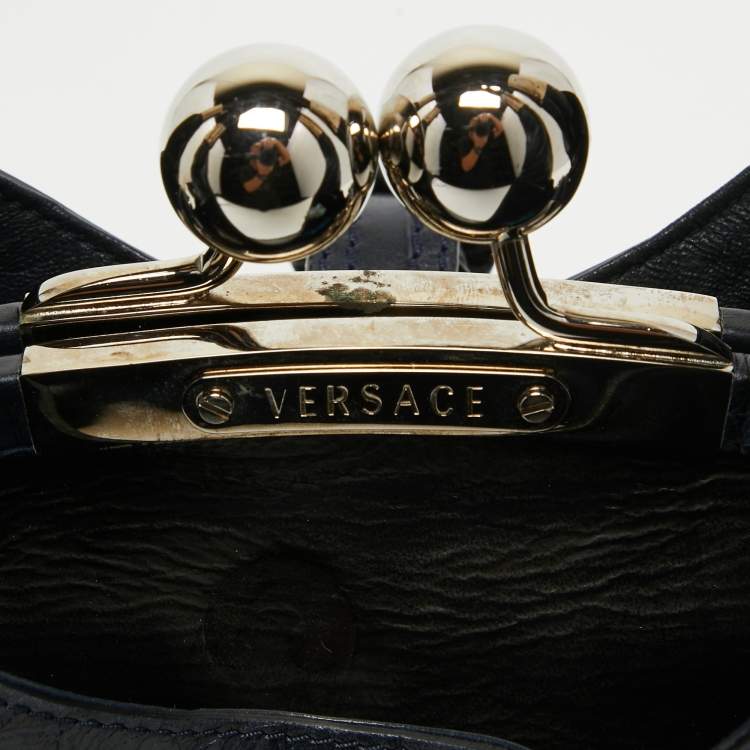 Pre Owned Versace Black/Navy Blue Croc Embossed Leather and Glossy Leather Kiss Lock Satchel