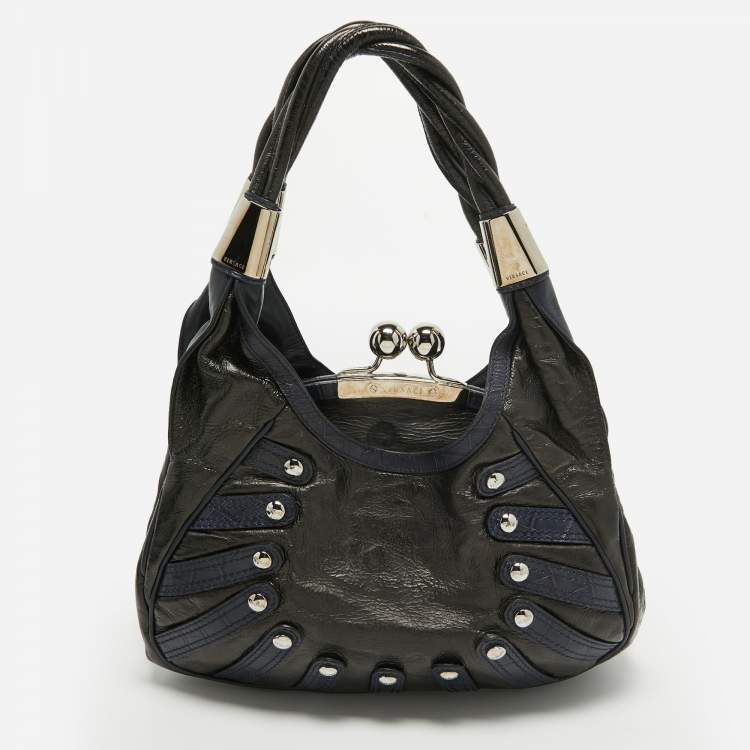 Pre Owned Versace Black/Navy Blue Croc Embossed Leather and Glossy Leather Kiss Lock Satchel