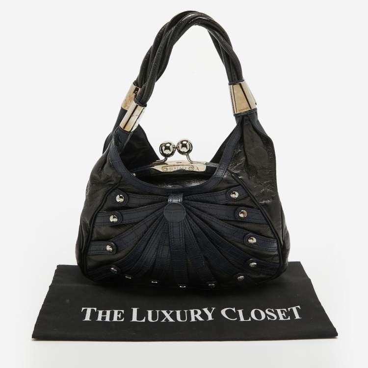 Pre Owned Versace Black/Navy Blue Croc Embossed Leather and Glossy Leather Kiss Lock Satchel