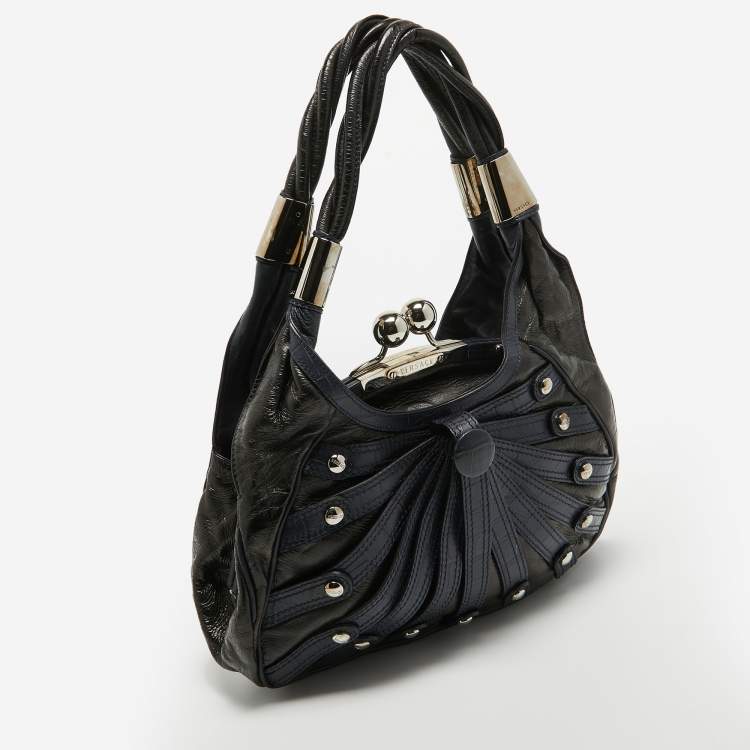 Pre Owned Versace Black/Navy Blue Croc Embossed Leather and Glossy Leather Kiss Lock Satchel