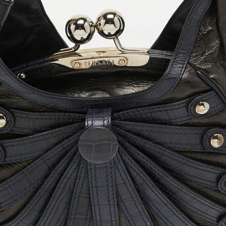 Pre Owned Versace Black/Navy Blue Croc Embossed Leather and Glossy Leather Kiss Lock Satchel