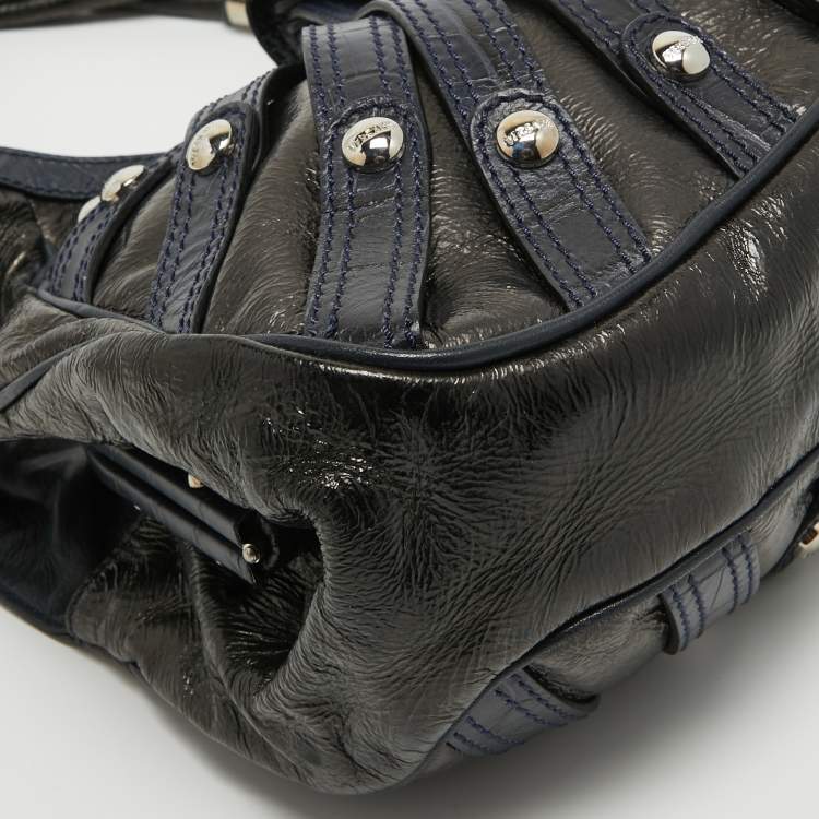 Pre Owned Versace Black/Navy Blue Croc Embossed Leather and Glossy Leather Kiss Lock Satchel