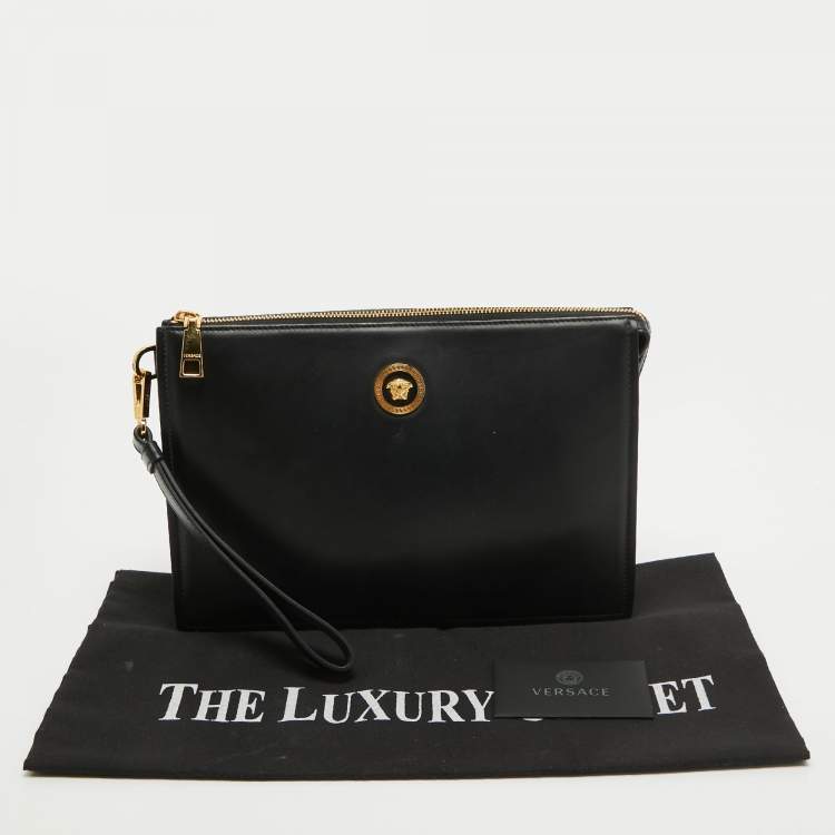 Pre Owned Versace Black Leather Medusa Head Wristlet Clutch