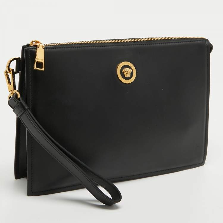 Pre Owned Versace Black Leather Medusa Head Wristlet Clutch
