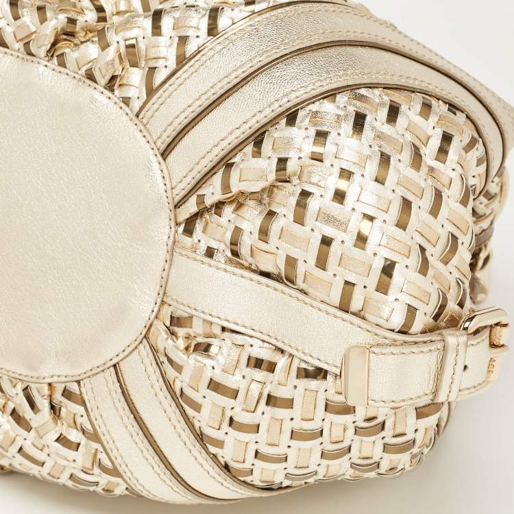 Pre Owned Versace Gold Woven Leather V Crystals Bag