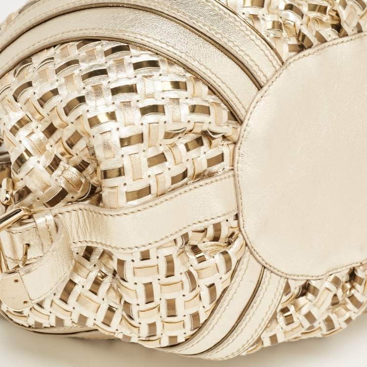 Pre Owned Versace Gold Woven Leather V Crystals Bag
