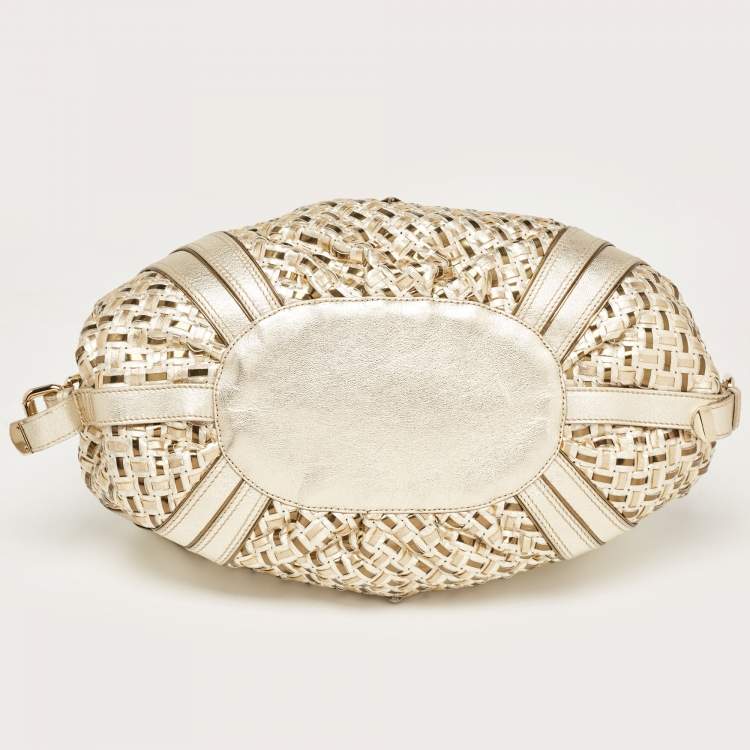 Pre Owned Versace Gold Woven Leather V Crystals Bag