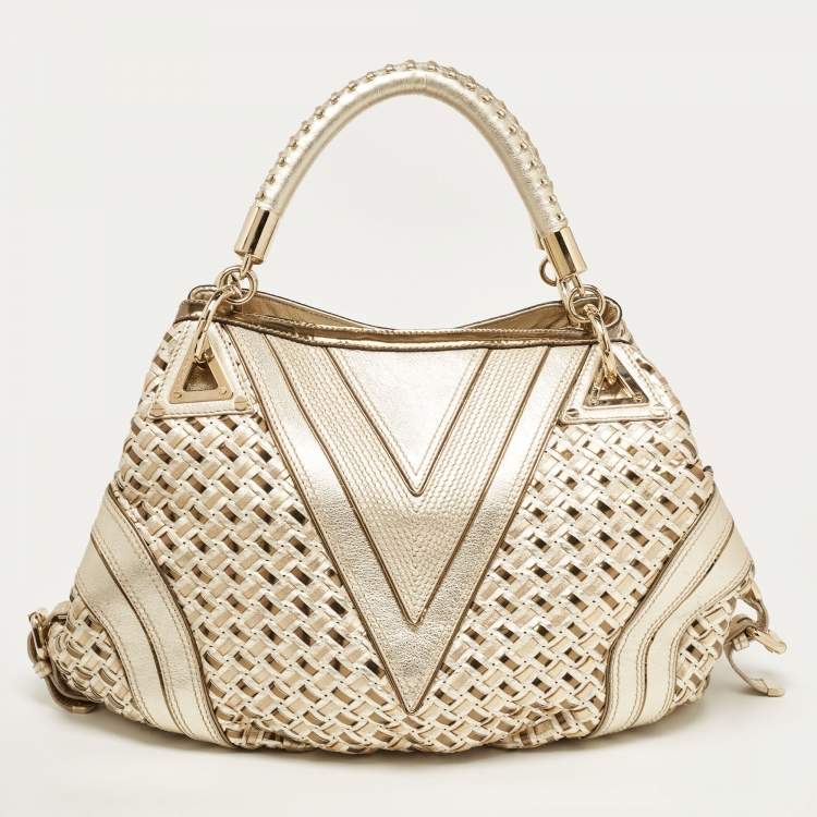 Pre Owned Versace Gold Woven Leather V Crystals Bag