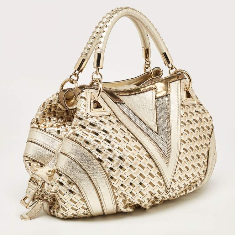 Pre Owned Versace Gold Woven Leather V Crystals Bag