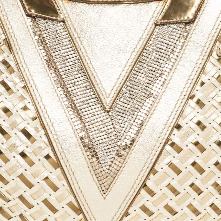 Pre Owned Versace Gold Woven Leather V Crystals Bag