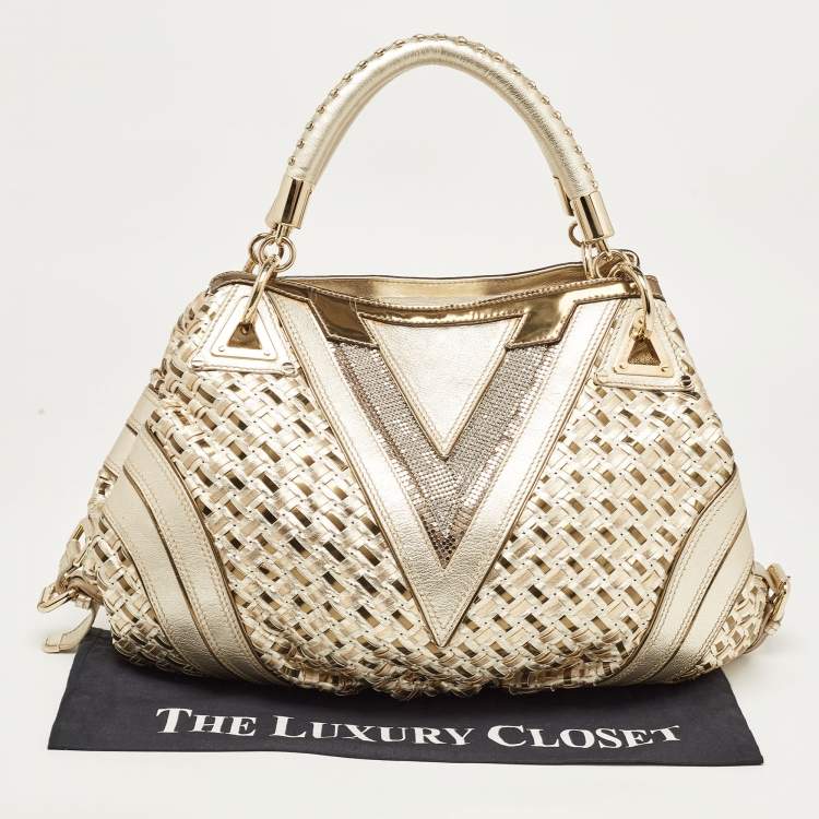 Pre Owned Versace Gold Woven Leather V Crystals Bag