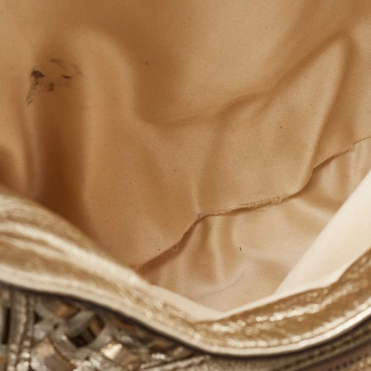 Pre Owned Versace Gold Woven Leather V Crystals Bag