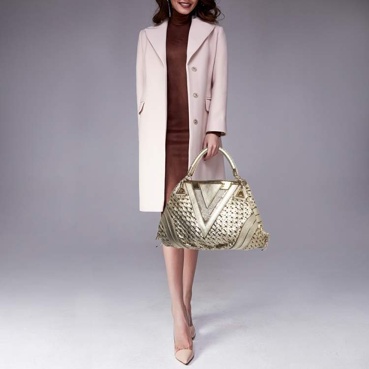 Pre Owned Versace Gold Woven Leather V Crystals Bag