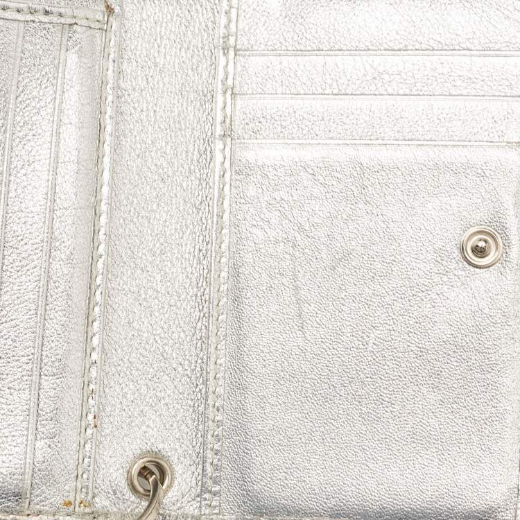 Pre Owned Versace Silver Embossed Leather V Charm Trifold Wallet