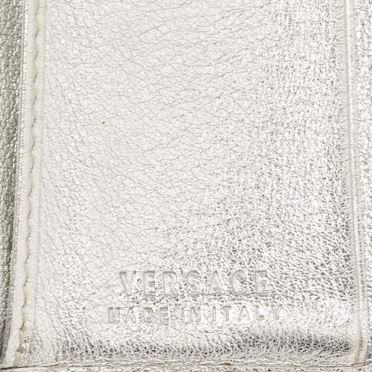 Pre Owned Versace Silver Embossed Leather V Charm Trifold Wallet