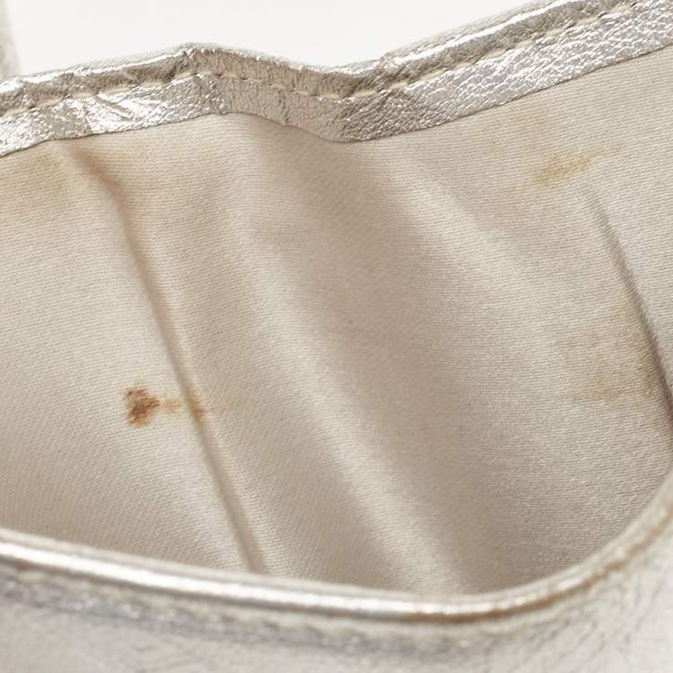 Pre Owned Versace Silver Embossed Leather V Charm Trifold Wallet