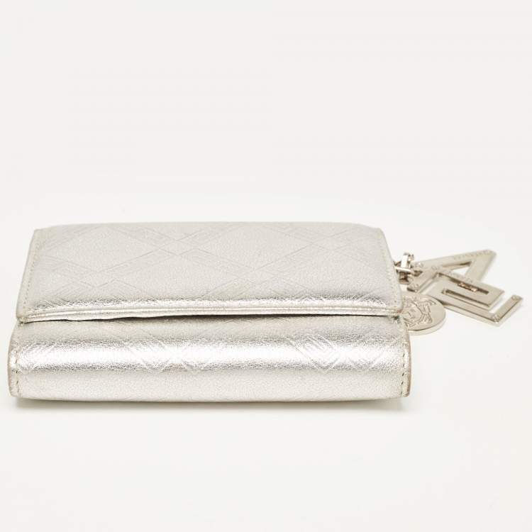 Pre Owned Versace Silver Embossed Leather V Charm Trifold Wallet