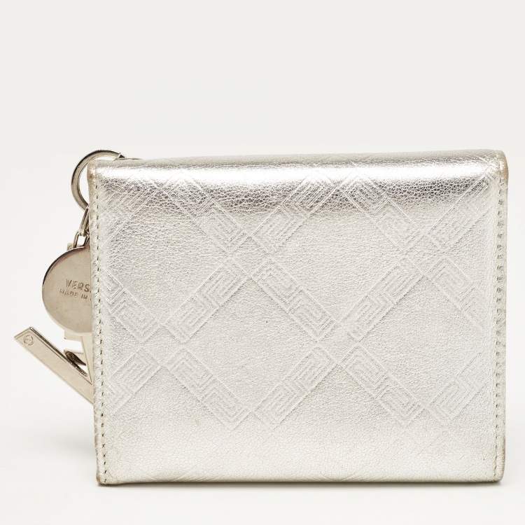 Pre Owned Versace Silver Embossed Leather V Charm Trifold Wallet