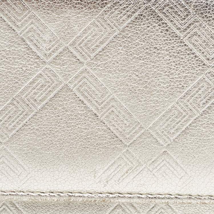 Pre Owned Versace Silver Embossed Leather V Charm Trifold Wallet