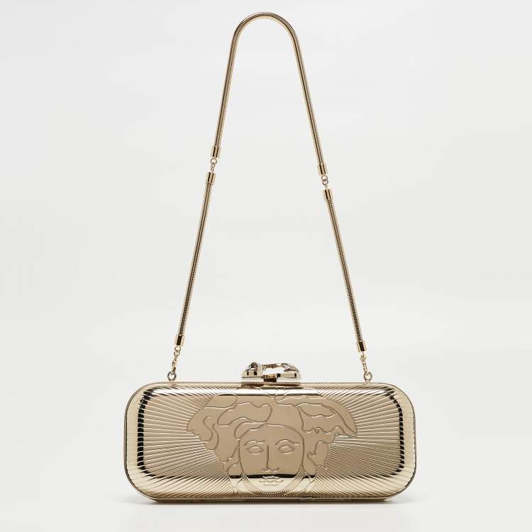 Pre Owned Versace Gold Metal Medusa Lock Chain Clutch
