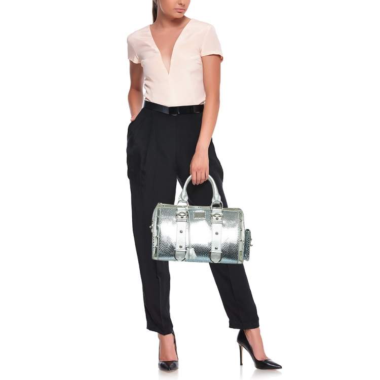 Pre Owned Versace Silver Snakeskin Snap Out Of It Satchel
