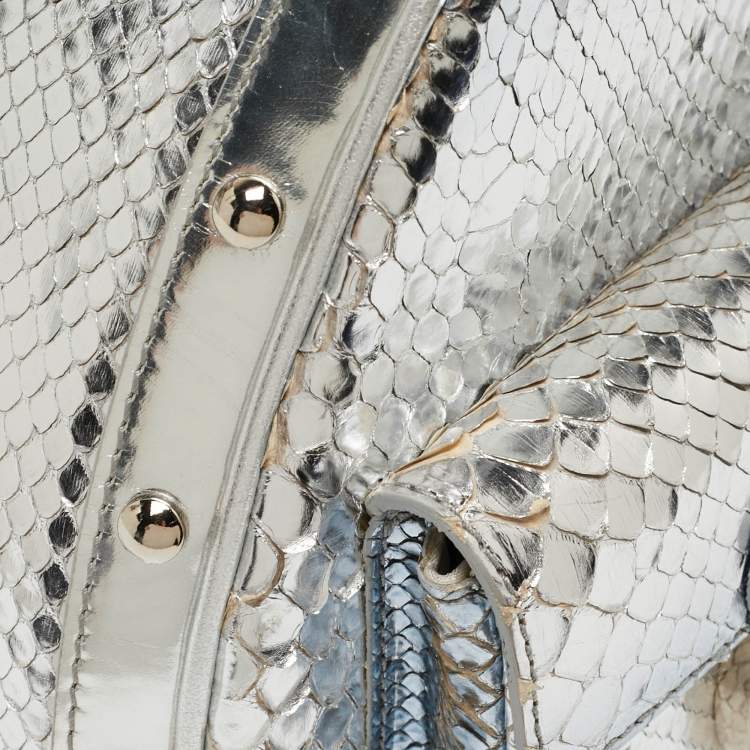 Pre Owned Versace Silver Snakeskin Snap Out Of It Satchel