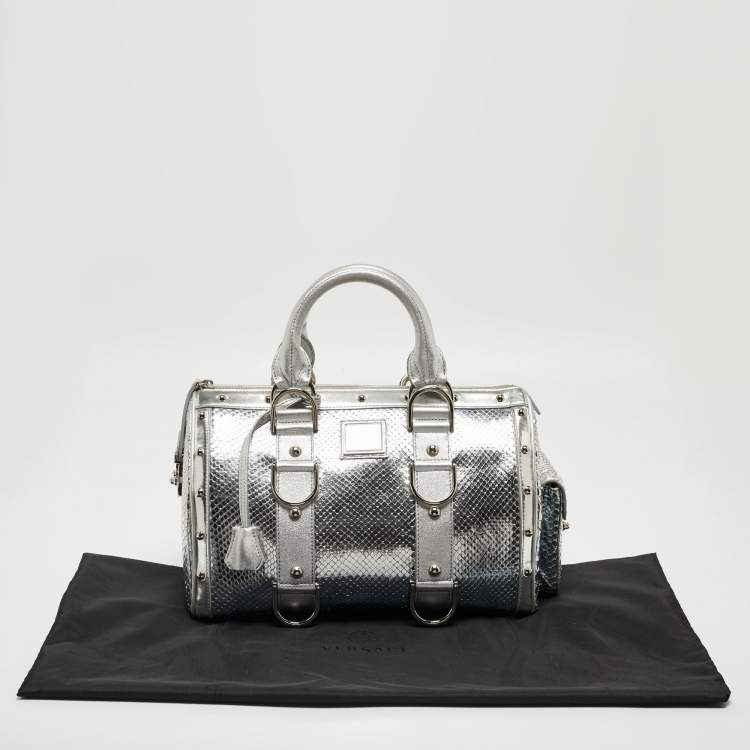 Pre Owned Versace Silver Snakeskin Snap Out Of It Satchel