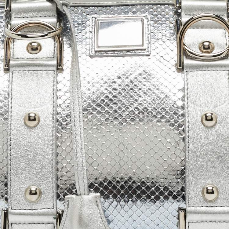 Pre Owned Versace Silver Snakeskin Snap Out Of It Satchel