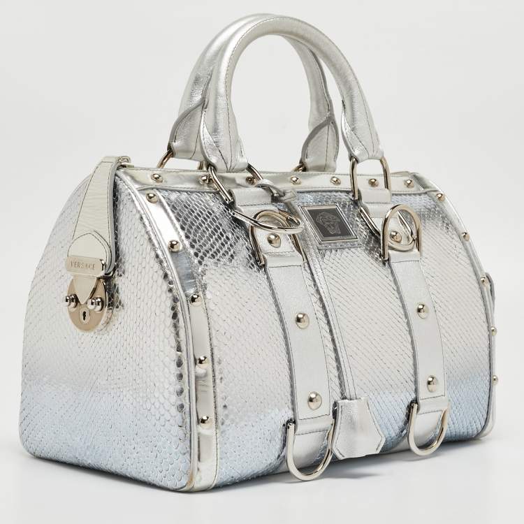 Pre Owned Versace Silver Snakeskin Snap Out Of It Satchel