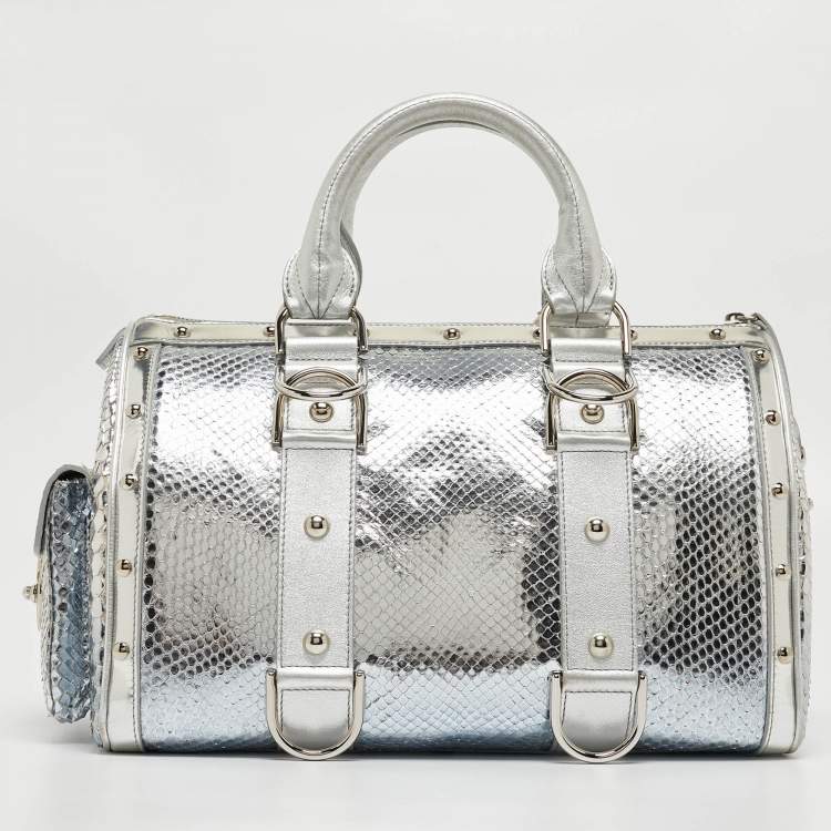 Pre Owned Versace Silver Snakeskin Snap Out Of It Satchel