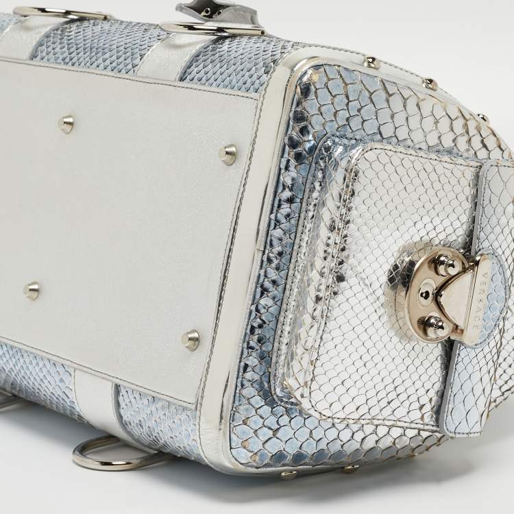 Pre Owned Versace Silver Snakeskin Snap Out Of It Satchel