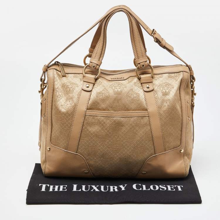 Pre Owned Versace Beige Signature Canvas and Leather Satchel