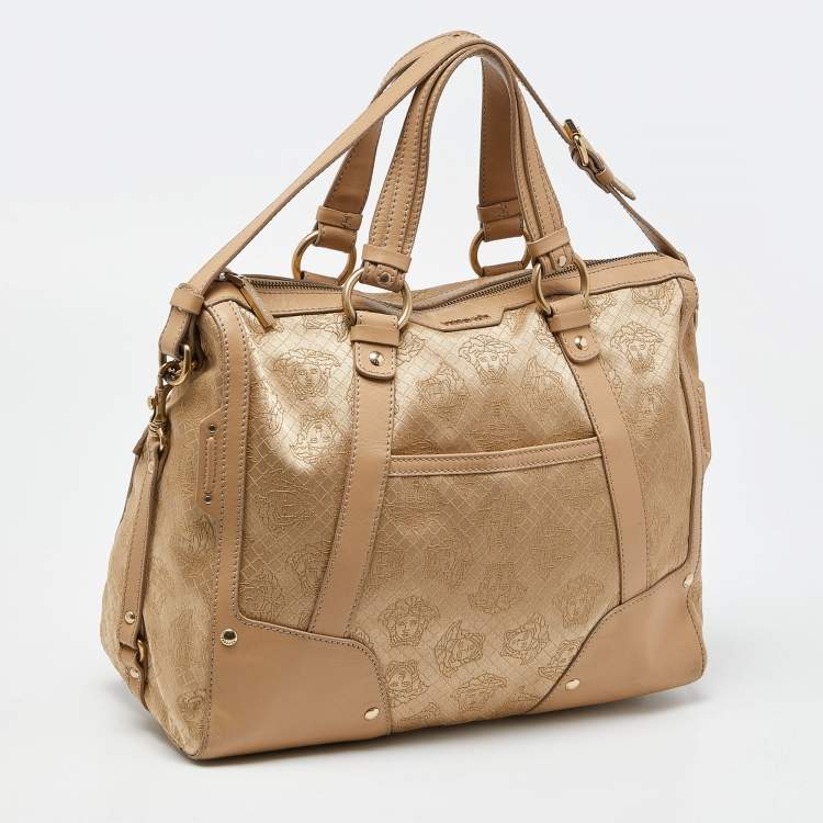Pre Owned Versace Beige Signature Canvas and Leather Satchel