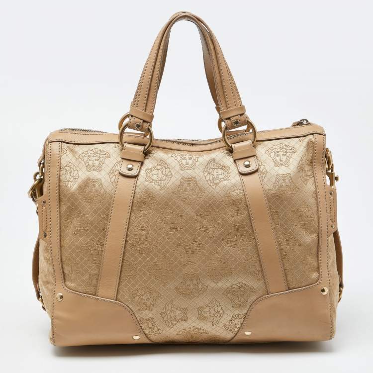 Pre Owned Versace Beige Signature Canvas and Leather Satchel