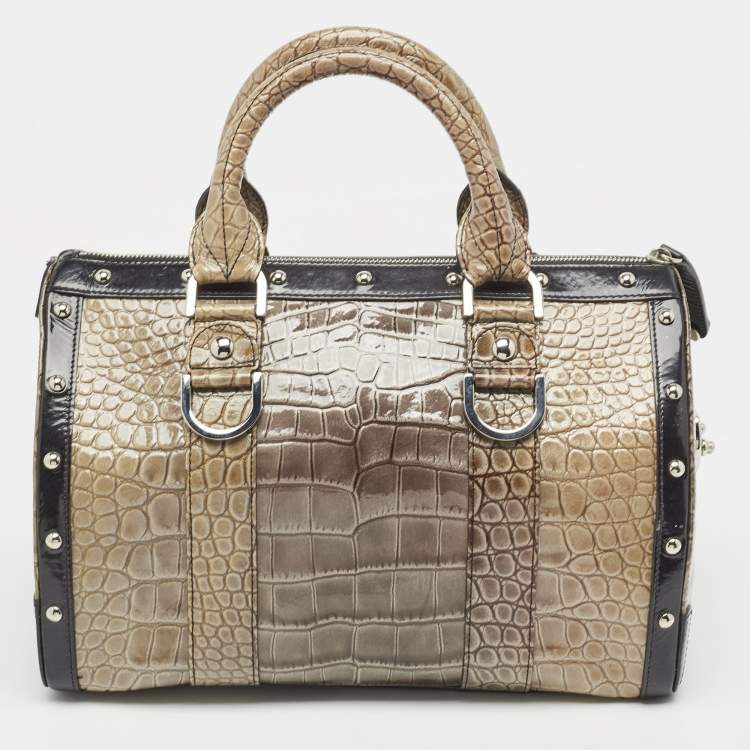 Pre Owned Versace Black/Beige Croc Embossed and Patent Leather Studded Madonna Satchel