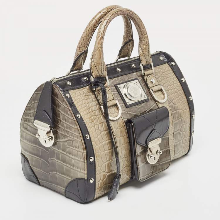 Pre Owned Versace Black/Beige Croc Embossed and Patent Leather Studded Madonna Satchel