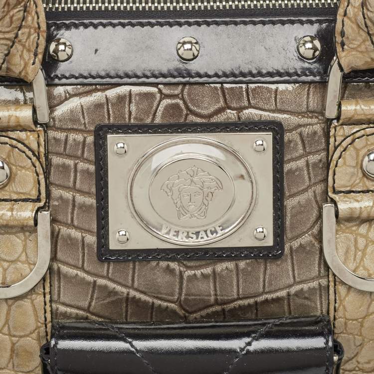 Pre Owned Versace Black/Beige Croc Embossed and Patent Leather Studded Madonna Satchel