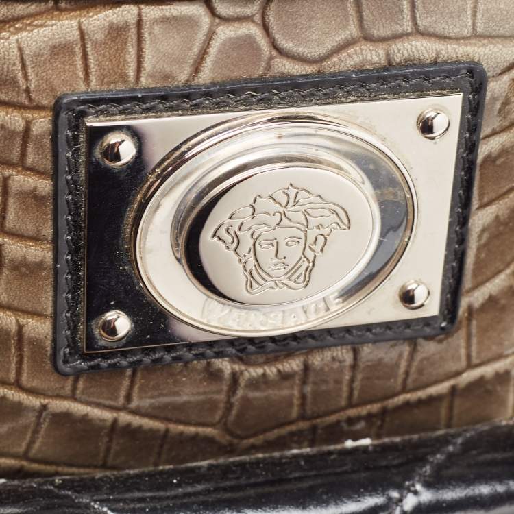 Pre Owned Versace Black/Beige Croc Embossed and Patent Leather Studded Madonna Satchel
