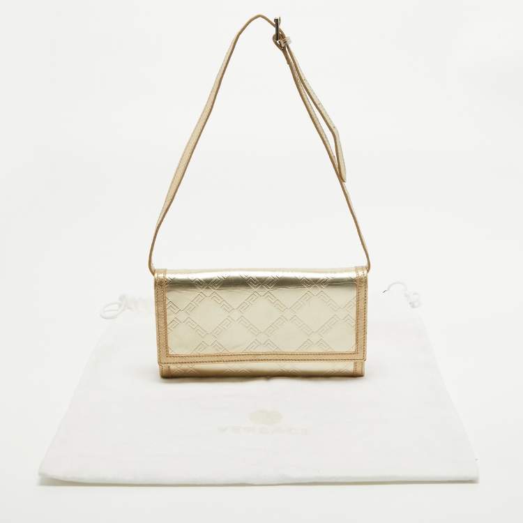 Pre Owned Versace Gold Embossed Leather Flap Wallet on Strap