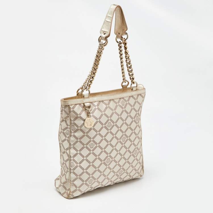 Pre Owned Versace Gold Monogram Fabric and Leather Medusa Chain Tote